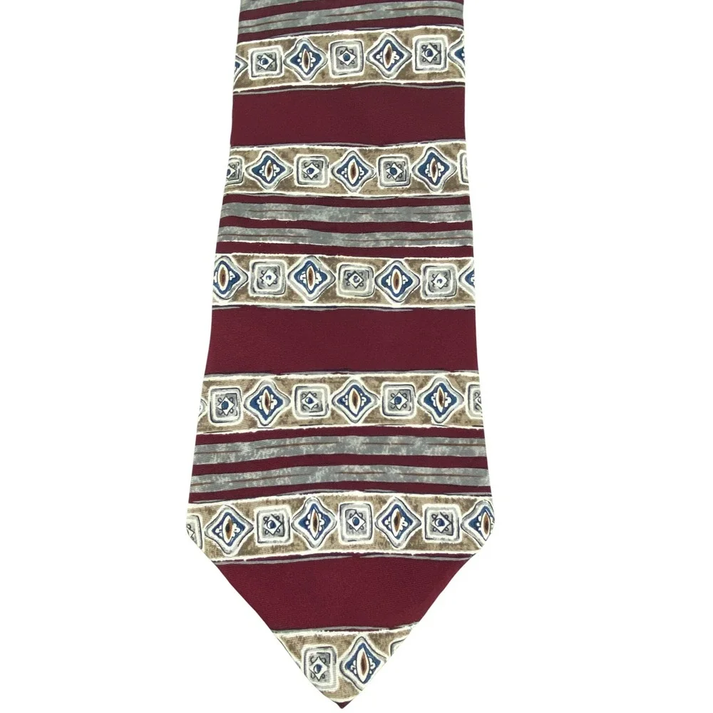 Barrington Mens Tie Burgundy Italian Silk Geometric Abstract Stripe Classic 57X4